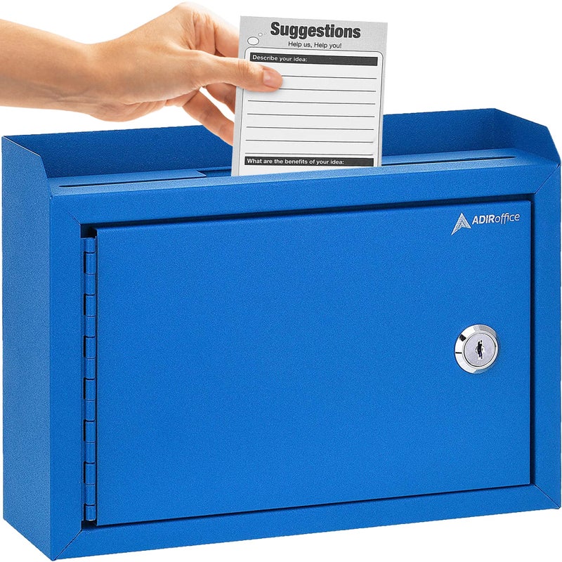 Adir Corp. Adir Corp Suggestion Box with Slot and Lock - Drop Box with Lock, Cash Dropbox - 9.8x7.5x3.4 Inches Wall Mount Donation Box - Metal Deposit Box (Blue) - Image 1